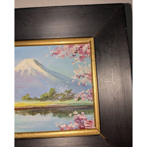 Set Of 4 Hand-Painted Mount Fuji Seasonal Scenes in Black & Gold Wooden Frames - Picture 6 of 16